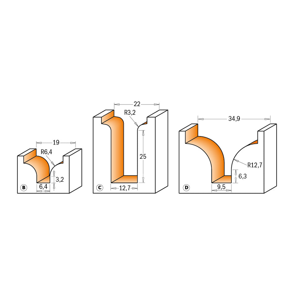 CMT Freză din carbură pentru decorații, profil B-C-D, S=12-12,7