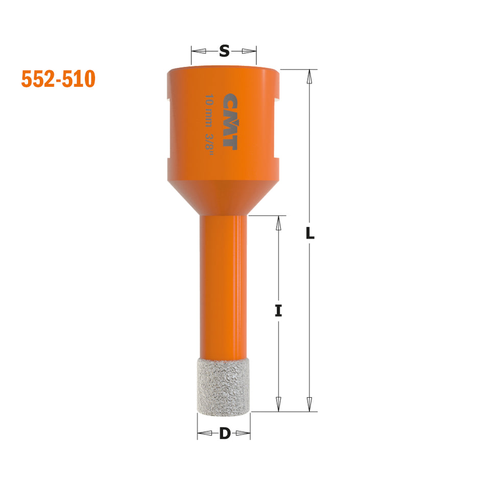 CMT Carotă diamantată de 6-68 mm pentru tăiere uscată cu coadă filetată