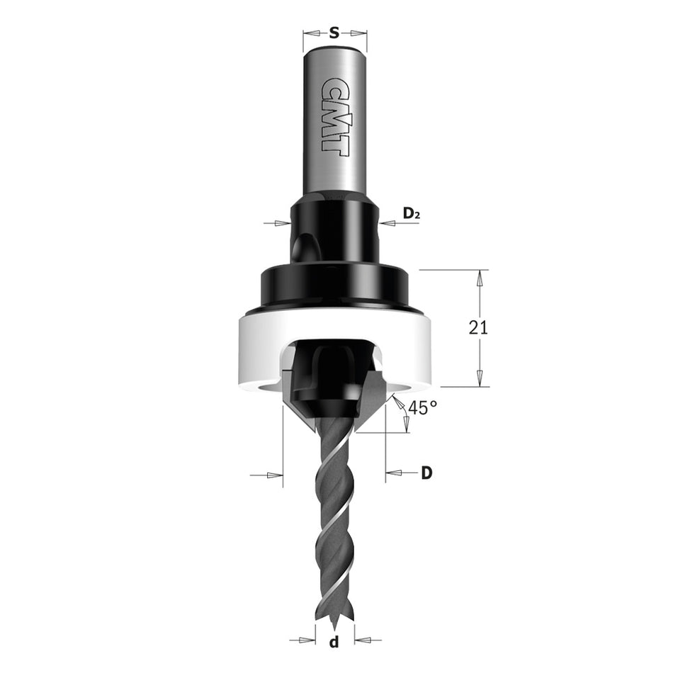 CMT Coadă adaptor burghiu -zencuitor la 45 ° cu limitator de adâncime